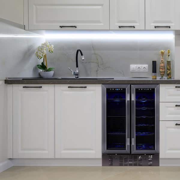 24 in.18 Bottles 60 Cans Built-in Dual Zone Beverage and Wine Cooler in Black Stainless Steel with French Doors and Lock