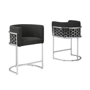 Evan 29 in. Black Low Back Metal Frame Bar Stool With Teddy Fabric Set of 2