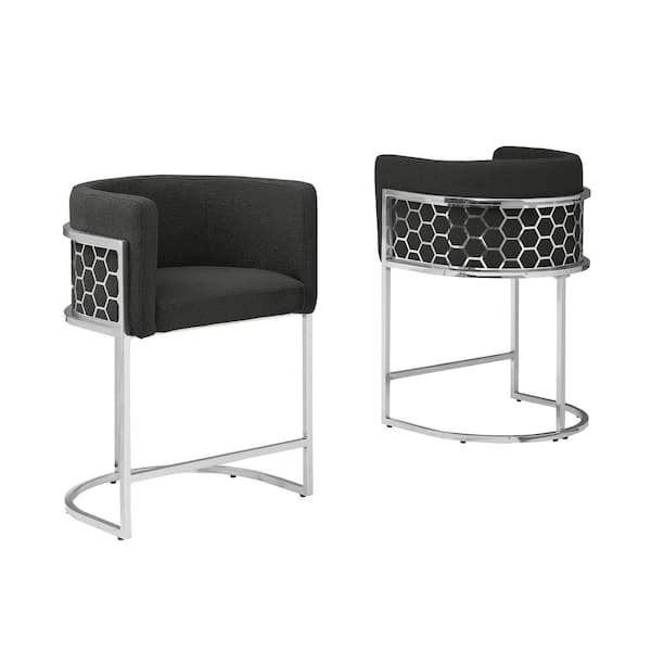 Best Quality Furniture Evan 29 in. Black Low Back Metal Frame Bar Stool With Teddy Fabric Set of 2