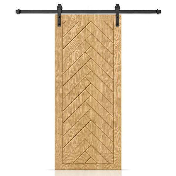 CALHOME 36 in. x 84 in. Hollow Core Weather Oak Stained Oak Veneer Composite Interior Sliding Barn-Door with Hardware Kit