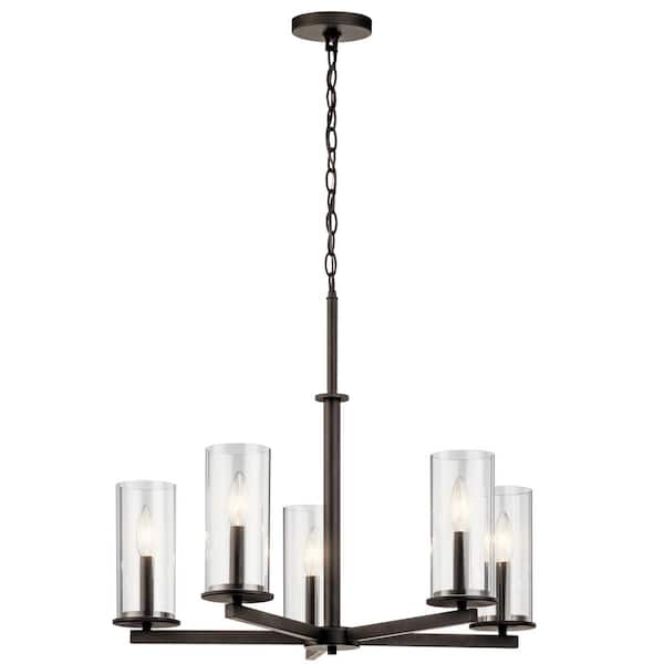 KICHLER Crosby 26.25 in. 5-Light Olde Bronze Contemporary Candlestick Cylinder Chandelier for Dining Room