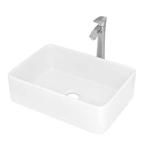 Ceramic Rectangle Vessel Sink in White with Brushed Nickel Faucet