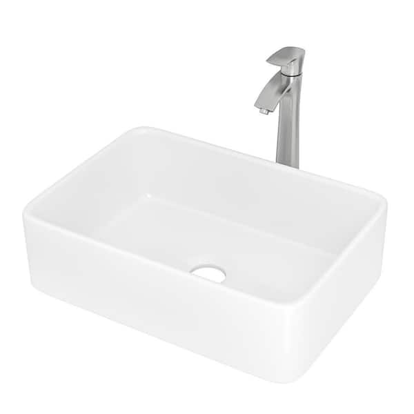 WELLFOR Ceramic Rectangle Vessel Sink in White with Brushed Nickel Faucet