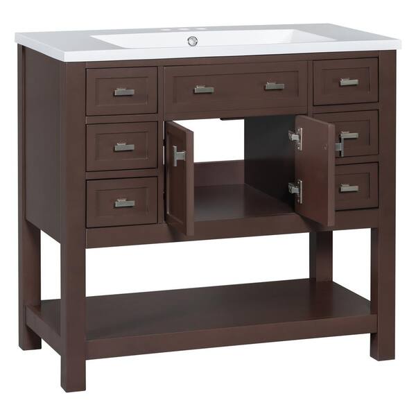 Nestfair 35 in. W x 18 in. D x 34 in. H Single Sink Freestanding Bath Vanity in Brown with White Resin Top