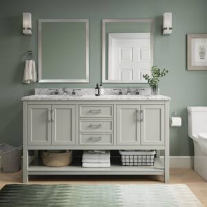 Everett 61 in. W x 22 in. Vanity Cabinet in Grey with Carrara Marble Vanity Top in White with White Basins