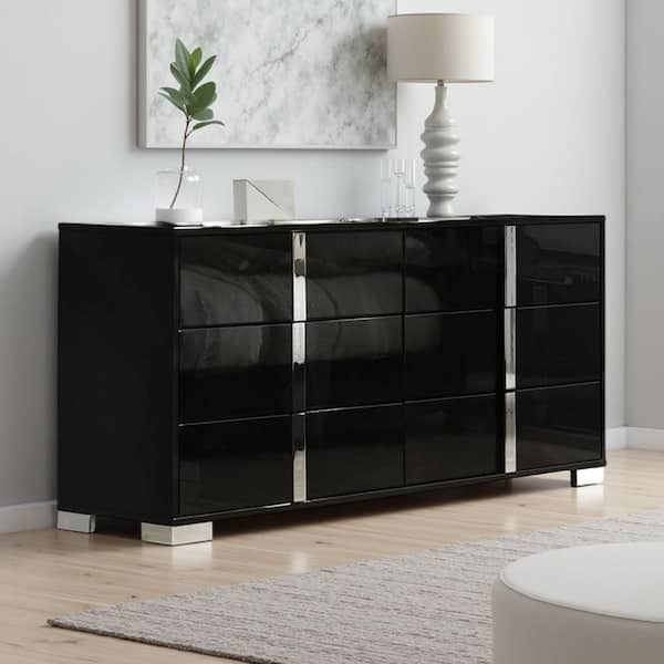 Suni Piano Black and Chrome 6-Drawer 61 in. Dresser without Mirror