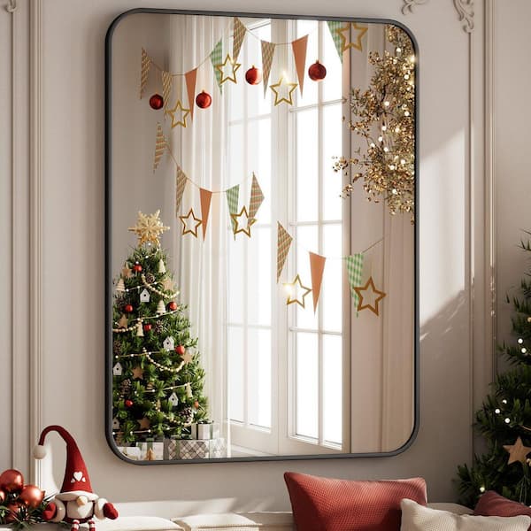 30 in. W x 39 in. H Rectangular Modern Aluminum Alloy Framed Rounded Black Wall Mirror