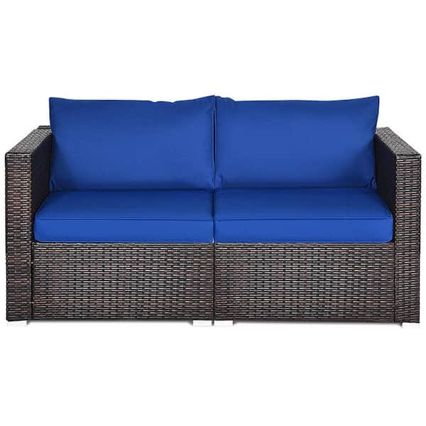 Costway Island 2Piece Wicker Patio Conversation Set with Navy Cushions