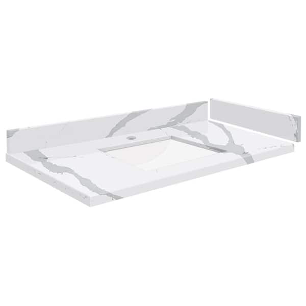 Transolid Silestone 31 in. W x 22.25 in. D Quartz White Rectangular Single Sink Vanity Top in Bianco Calacatta