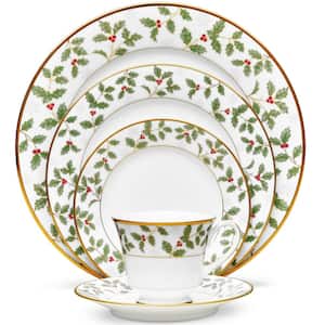 Holly and Berry Gold 5-Piece  (White) Porcelain Place Setting, Service for 1