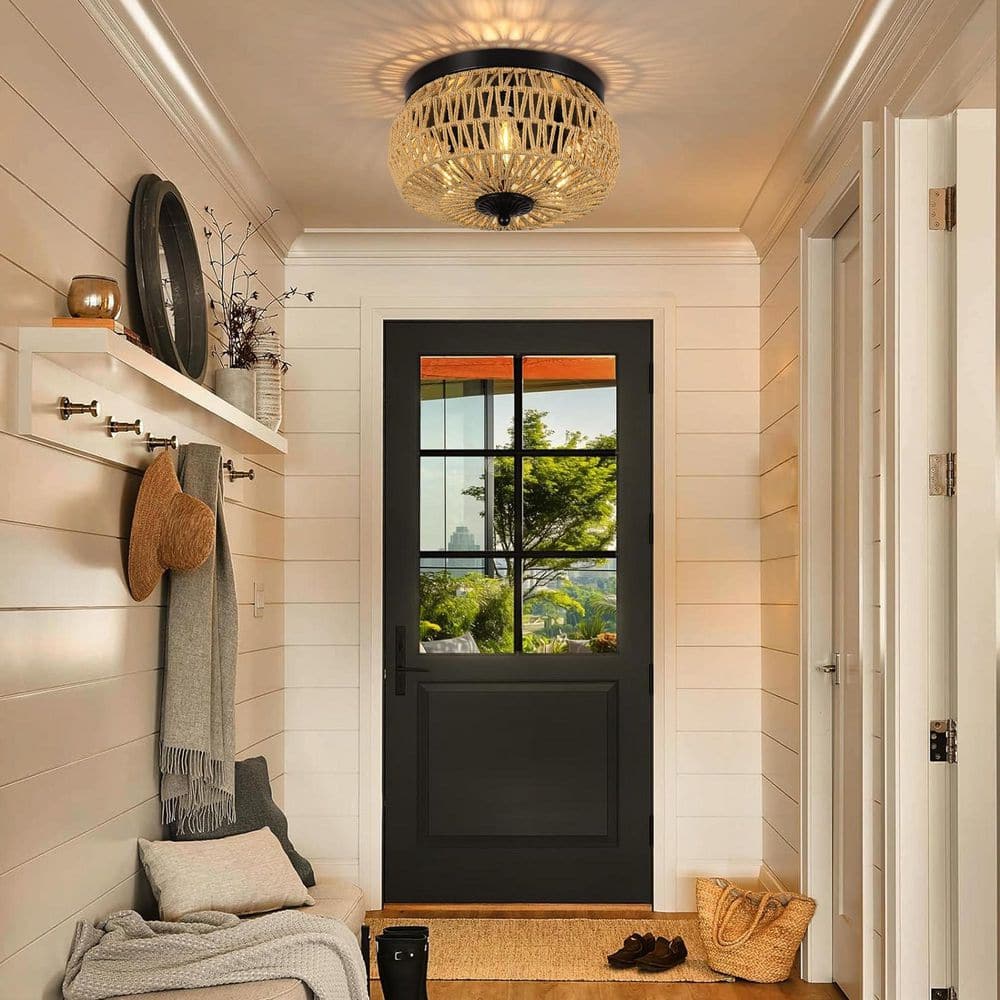 12.6 in. W 3-Light Brown Woven Rattan Flush Mount Ceiling Light Fixture with Hand-Worked Cage Shade price history on PriceWatchPro
