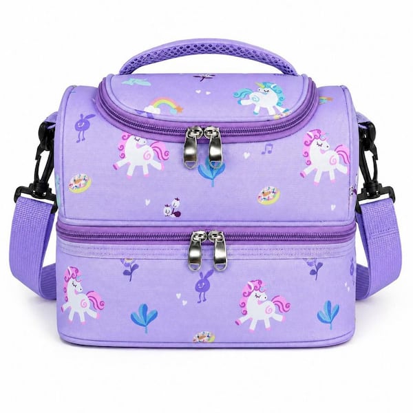 Rainbow Purple Unicorn Kids Lunch Bag Dual Compartment Insulated School Bag with Adjustable Strap