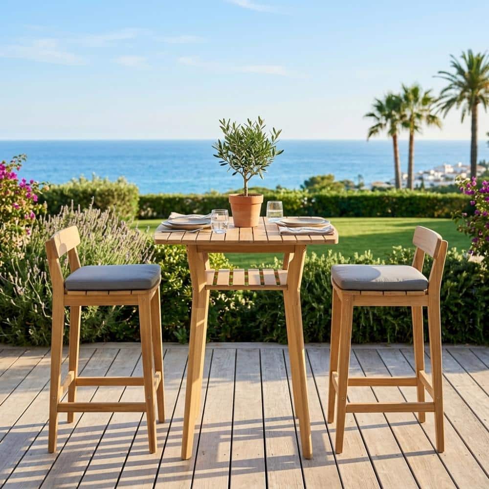 Gray Solid Wood 3-Piece Outdoor Patio Bar Set with High-Back Stools and Square Table  (HD) price history on PriceWatchPro