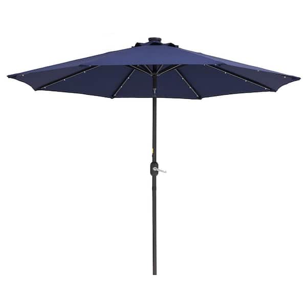 ANGELES HOME 9 ft. Steel Market Solar Tilt Patio Umbrella in Navy Blue