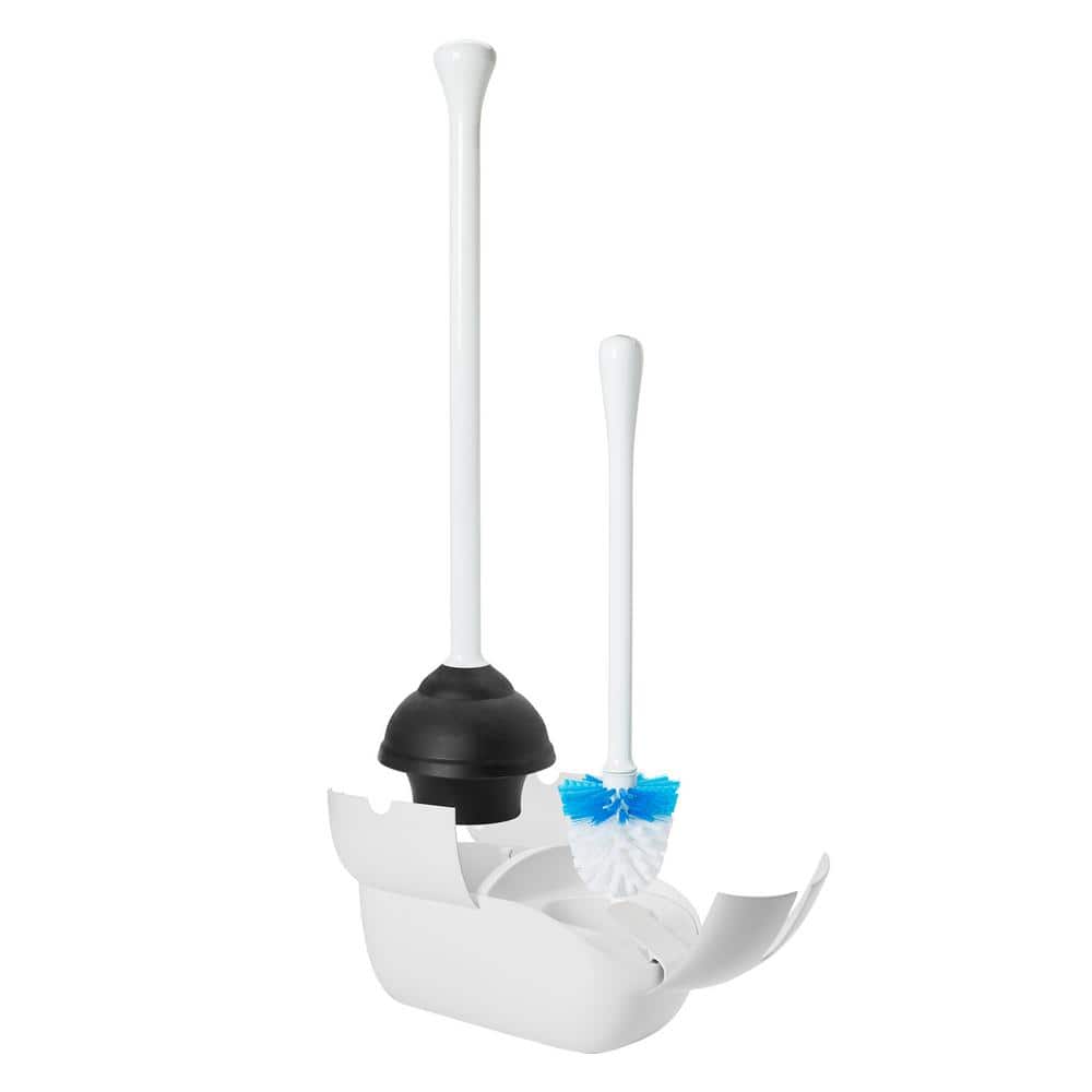 White Plastic Toilet Brush and Plunger Set with Holder