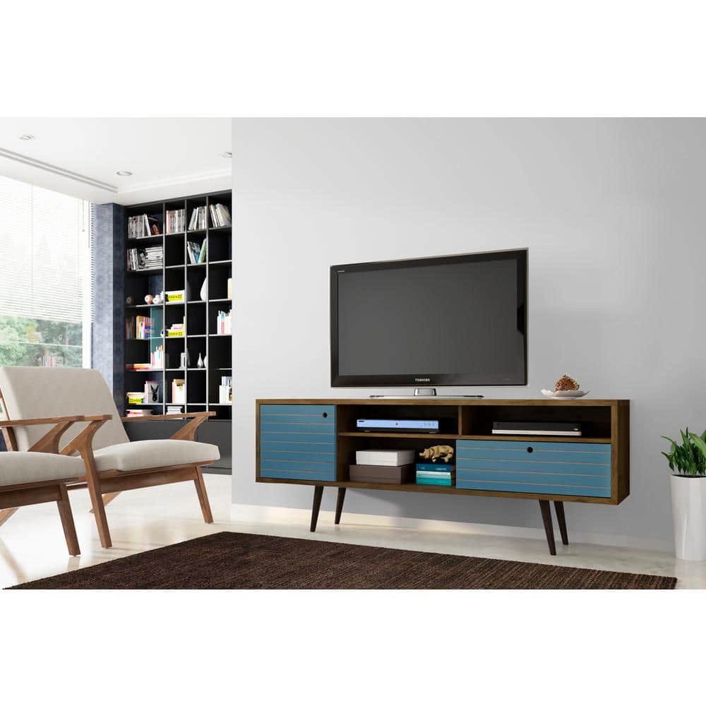Mid-Century Modern Brown and Blue TV Stand with Cabinet