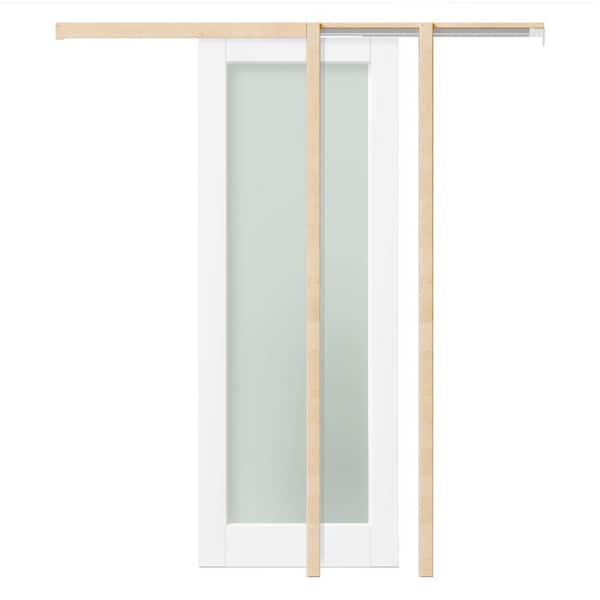 30 in. x 80 in. 1-Lite White MDF Tempered Frosted Glass Single Sliding Pocket Door Frame With Hardware Kit