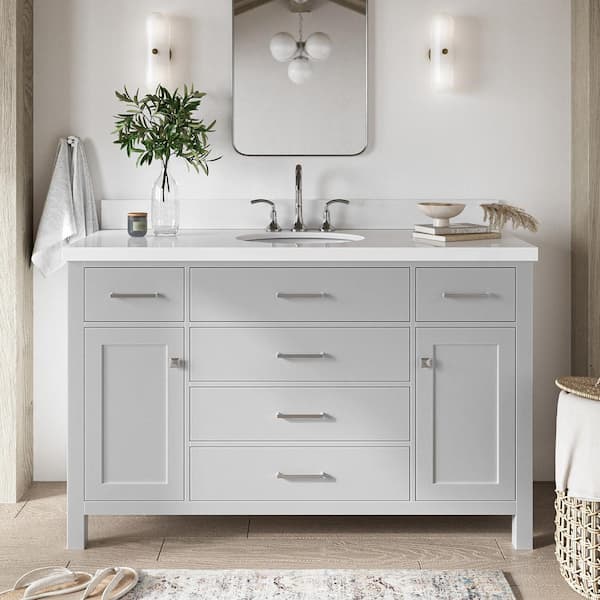 ARIEL Bristol 55 in. W x 22 in. D x 36 in. H Freestanding Bath Vanity in Grey with Pure White Quartz Top