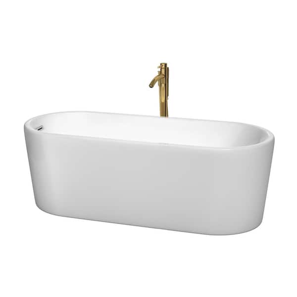 Wyndham Collection Ursula 67 in. Acrylic Flatbottom Bathtub in White with Polished Chrome Trim and Brushed Gold Faucet