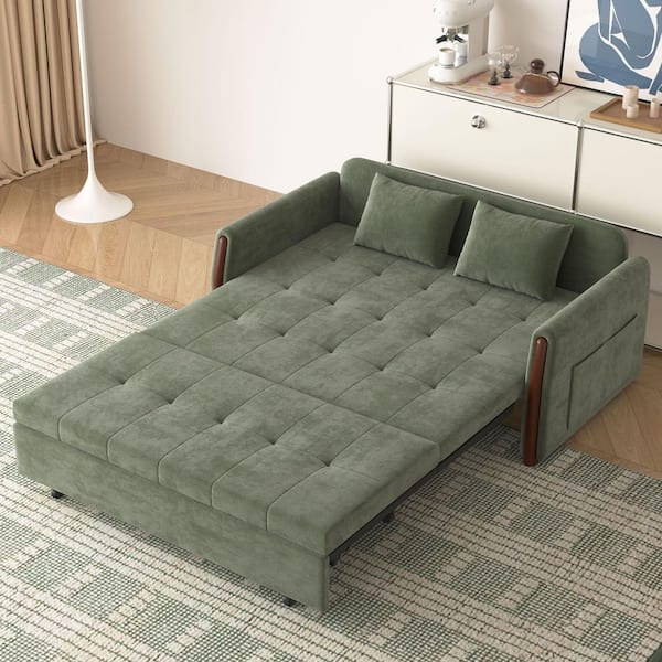 62.9 in. Modern Beige Chenille Pull Out Sleeper Full Sofa Bed with High Density Foam and Integrated Side Storage Pockets