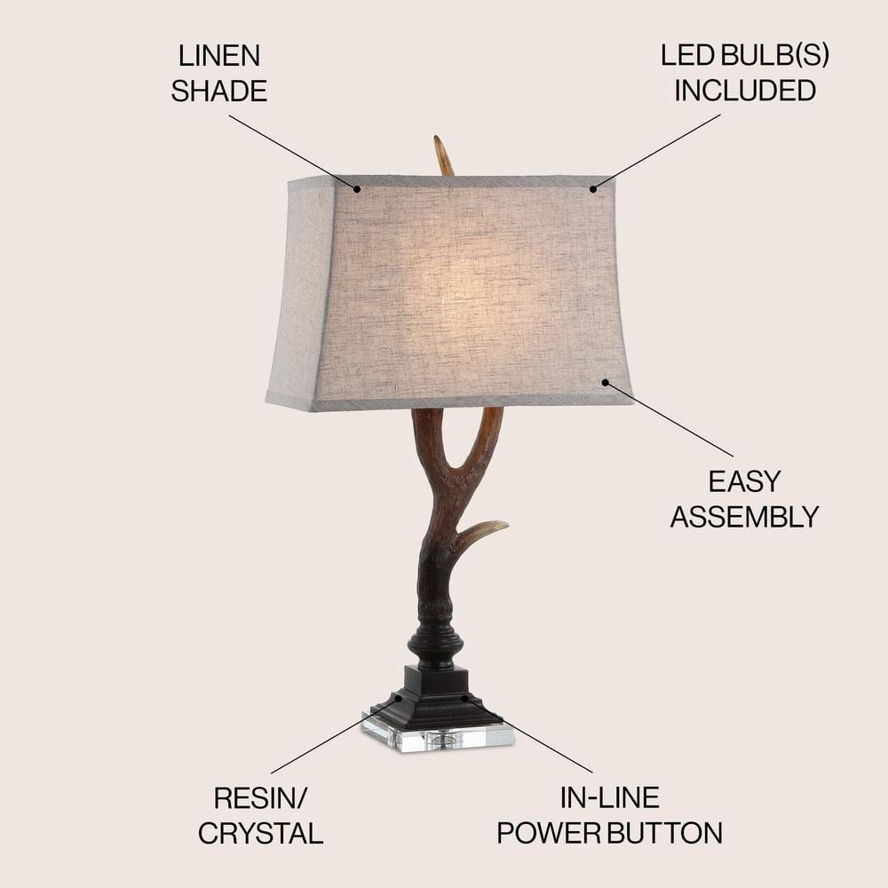 Rustic Brown Resin Antler Table Lamp with Linen Shade