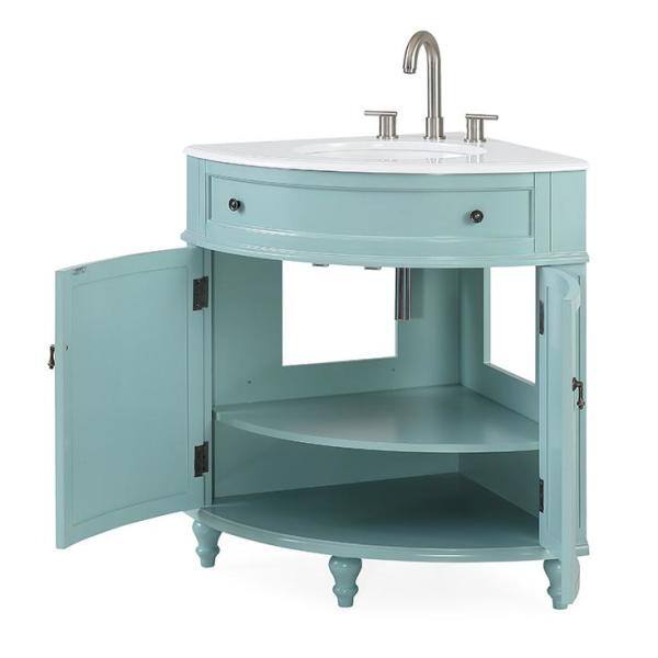 24" Light Blue Wood Corner Bathroom Vanity with White Marble Top
