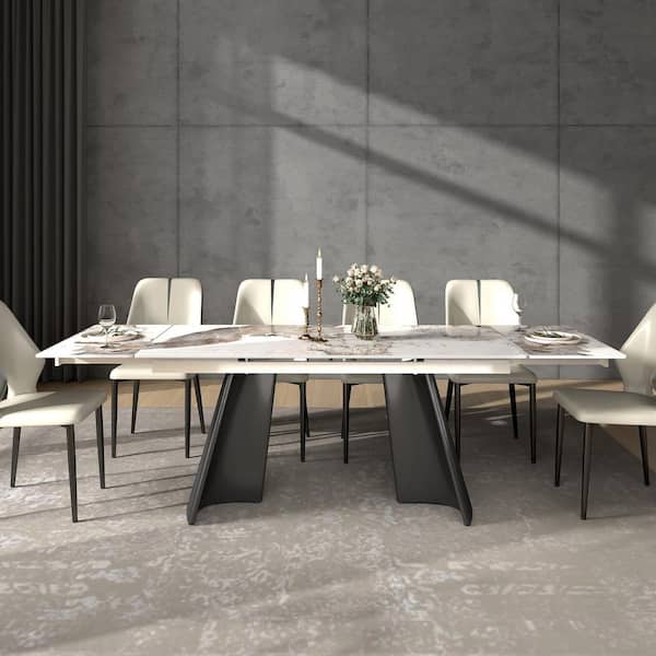 J&E Home Pandora Marble Top 94.4 in. Pedestal Extendable Dining