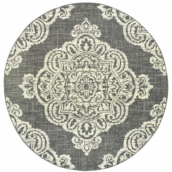 Gray, Ivory 8 ft. x 8 ft. Loomed Oriental Polypropylene Round Indoor/Outdoor Area Rug