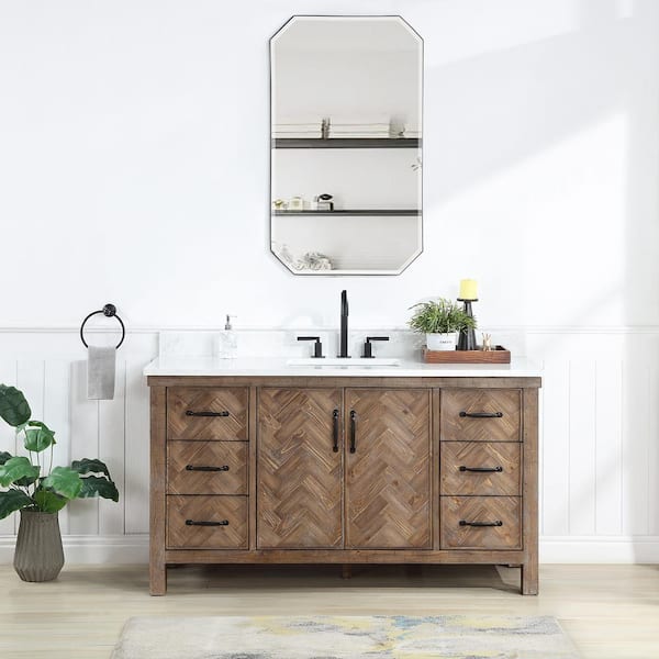 ROSWELL Javier 60 in. W x 22 in. D x 33.9 in. H Single Sink Bath Vanity in Gray with White Grain Composite Stone Top and Mirror