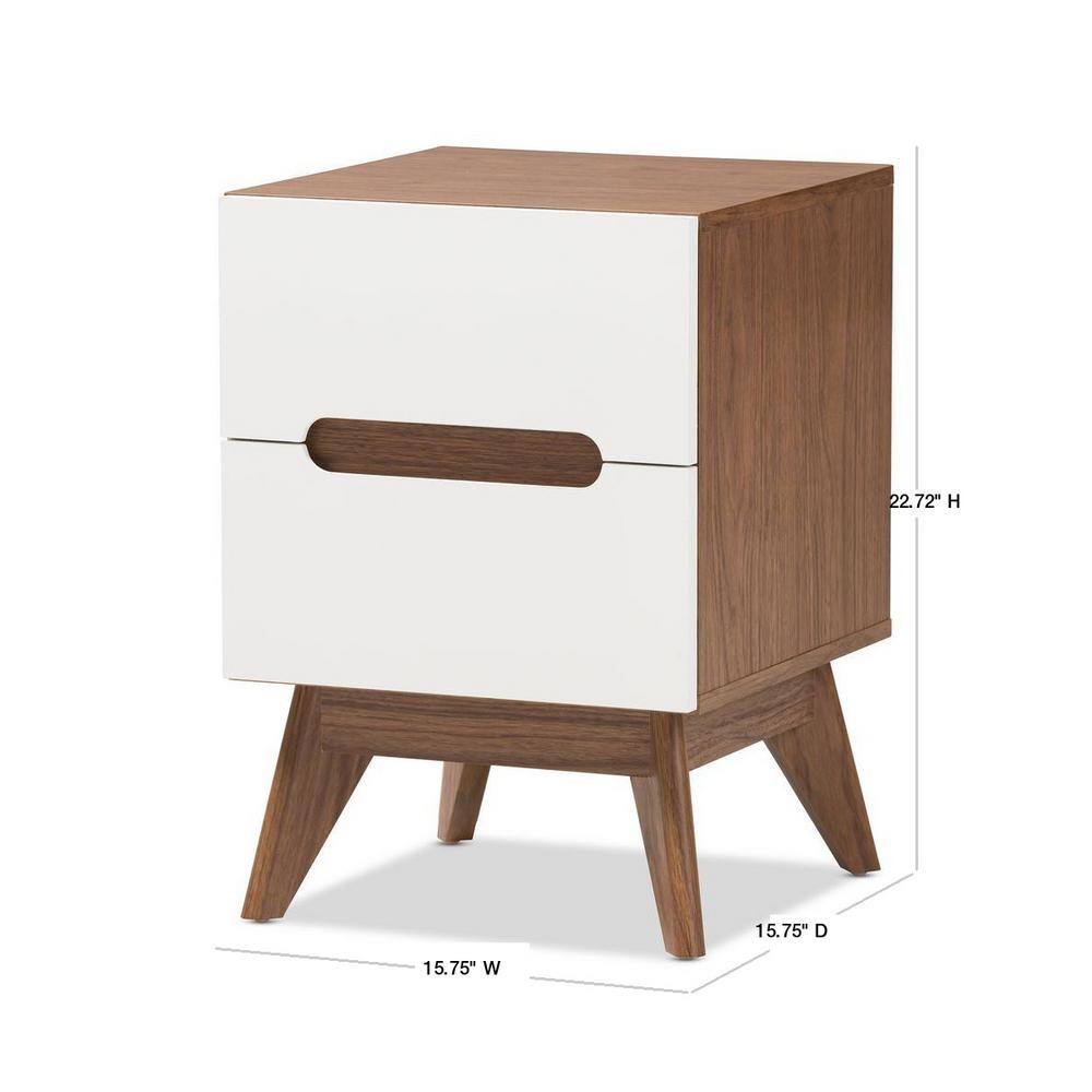 Calypso Mid-Century Modern White and Walnut 2-Drawer Nightstand