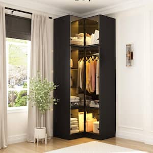 Black Wood 35.4 in. W 4-Door Corner Wardrobe Armoires Storage Display Cabinet with Glass Doors, Hanging Rod, LED Lights