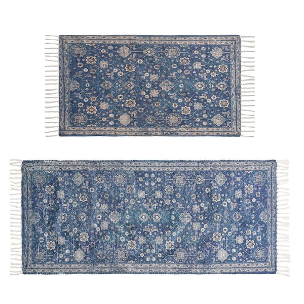 Chinille Fringe Machine Washable Blue 2 ft. x 9 ft. Floral 2-Piece Area Rug Set