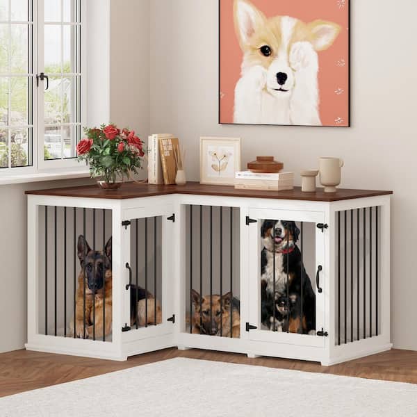 FUFU&GAGA Dog Crate Furniture for 2 Dogs, Wooden Double Dog Kennel Corner Dog Crate Cage with Dividers Perfect for Limited Room