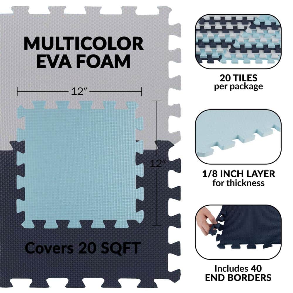 Blue and White EVA Foam Interlocking Floor Tiles, 20-Pack