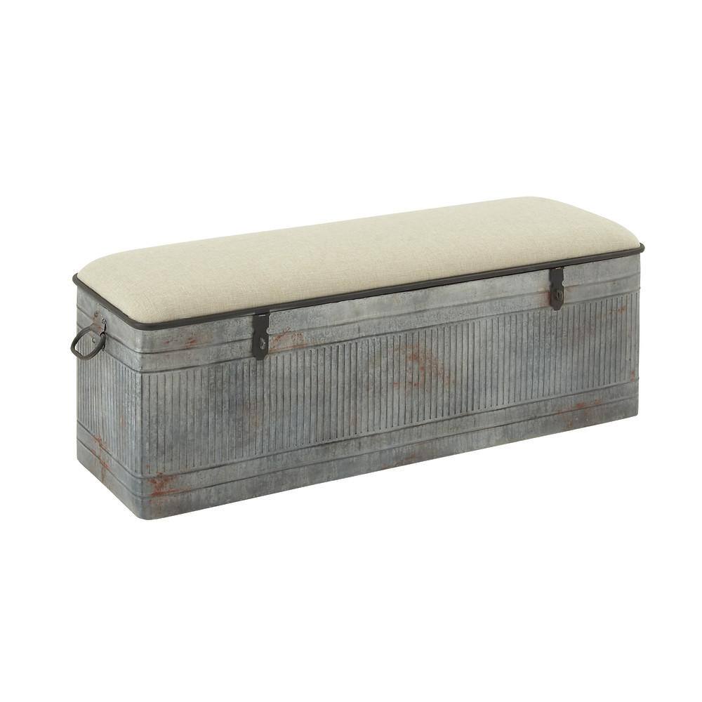Gray Galvanized Metal Storage Bench with Beige Upholstered Seat