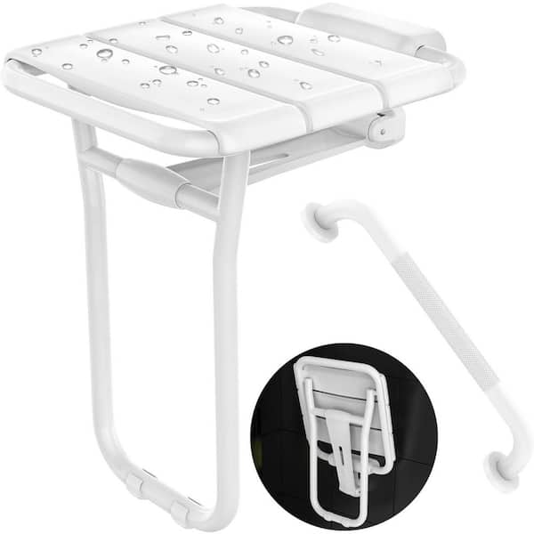 14 in. x 16 in. ADA Teak Folding Shower Seat Folding Shower Chair for Elderly/Disabled in Brushed Stainless Steel