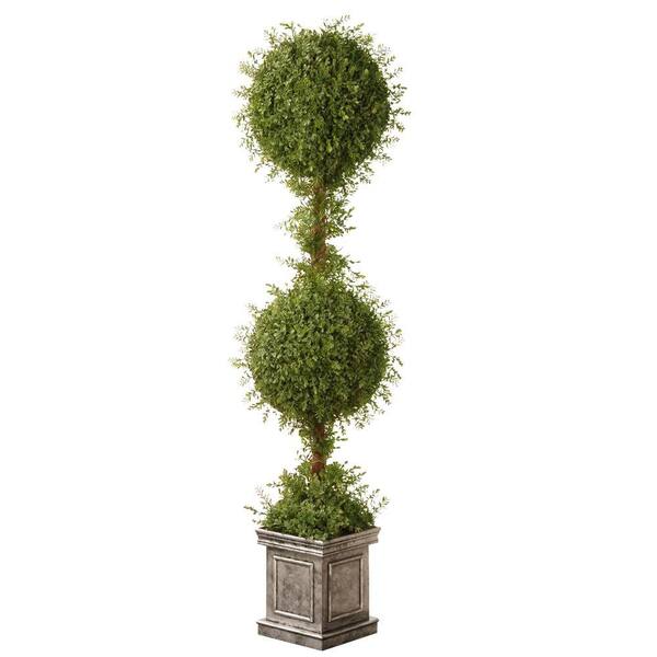 National Tree Company 60 in. Artificial Mini Tea Leaf 2 Ball Topiary in Silver Square Pot