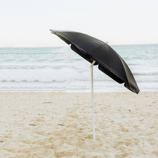 black steel patio umbrella Tilt | Auto-Tilt, LED Lighting, Wind Resistant | Commercial Grade | Sunbrella & Grey foot round umbrella featuring a durable aluminum pole and UV 33 lbs Patio Umbrella Base