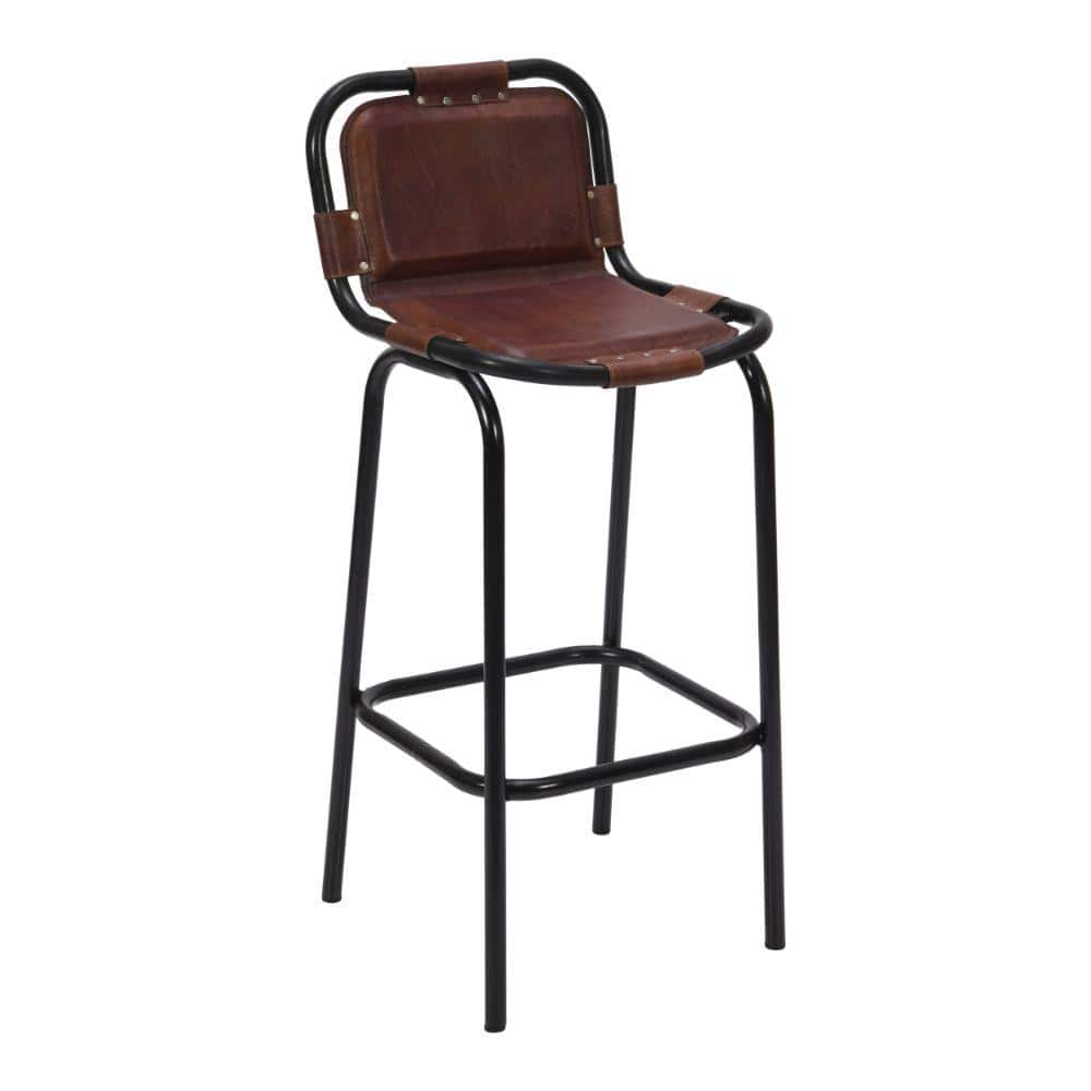 The Urban Port 41.7 in. Brown and Black Low Back Metal Frame Bar Stool with Genuine Leather