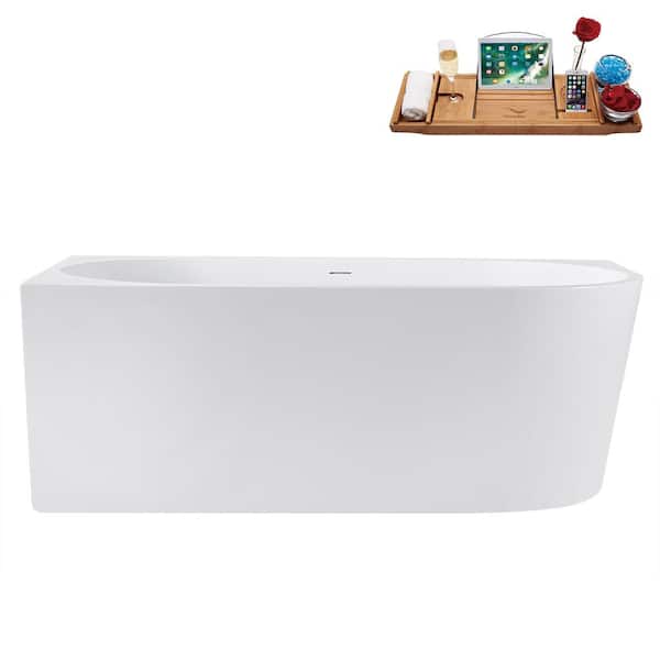 63 in. x 32 in. Acrylic Freestanding Soaking Bathtub in Glossy White with Polished Brass Drain, Bamboo Tray