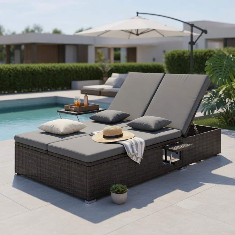 Patio Double Chaise Lounge with Cushions and Folding Side Trays-Gray price history on PriceWatchPro