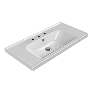 Frame Modern White Ceramic Rectangular Wall Mounted Sink with Three Faucet Holes