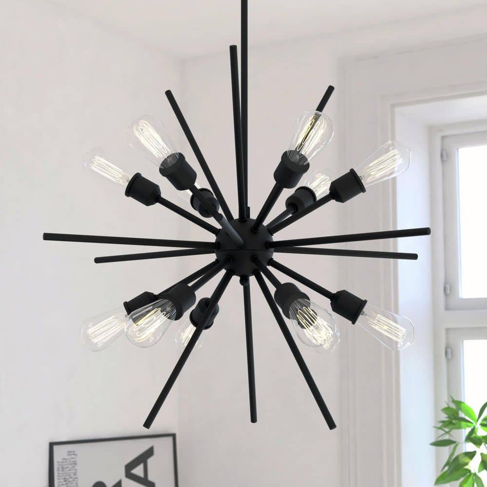 Estelle 12-Light 27.5 in. Wide Matte Black Mid-Century Modern Sputnik Pendant Light, Ceiling Fixture for Dining Table price history on PriceWatchPro