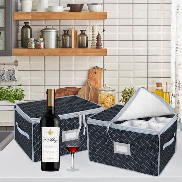 Grey Wine Glass Storage Box with Dividers Holds 24 Stemware with Handles and Lable Window with A Nylon Zipper Set of 2
