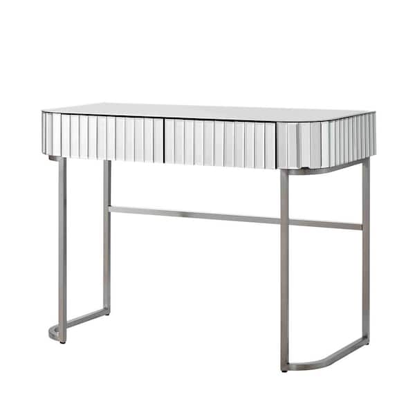 2-Drawers Silver Makeup Vanity Table Wooden Dressing Desk with Mirror, Stainless Steel Base