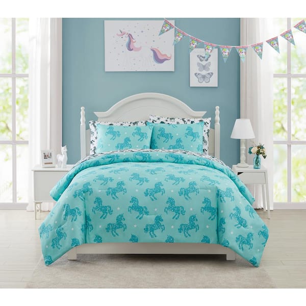 Kute Kids 2-Piece Aqua Shimmering Glitter Unicorn Microfiber Full Comforter Set