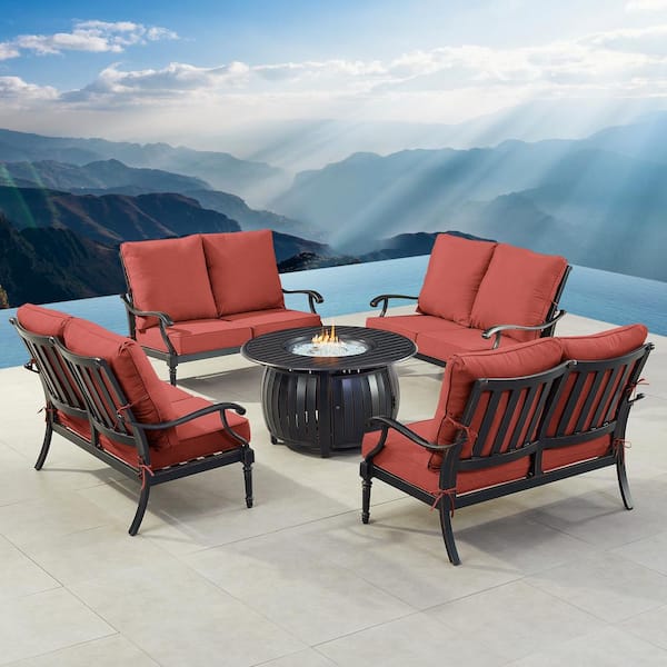 Oakland Living Black 5-Piece Aluminum Fire Table Set with Red Cushions