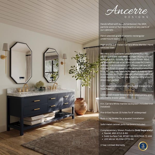 Elizabeth 72 in. W x 22 in. D Bath Vanity in Heritage Blue w/ White Marble Vanity Top w/ White Basin and Gold Hardware