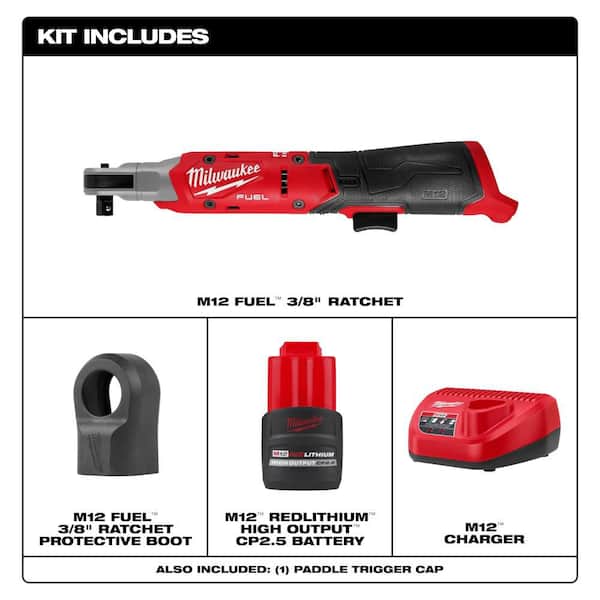 M12 12V Lithium-Ion 3/8 in. Cordless Ratchet Kit with Battery, Protective Boot, Charger and Bag
