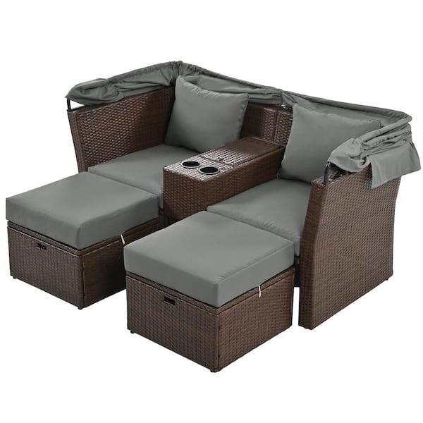 Zeus & Ruta 2-Seater Wicker Outdoor Loveseat with Foldable Awning and Gray Cushions